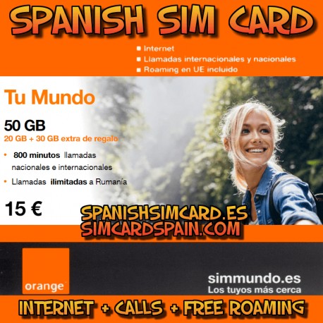 ORANGE ESPAÑA TU MUNDO SPANISCH PREPAID SIM-KARTE 50 GB INTERNET + 800' INTERNATIONALE GESPRÄCHE (KOSTENLOSES ROAMING)