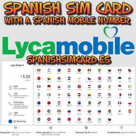 GLOBE 5 SPANISH SIM CARD LYCAMOBILE SPAIN