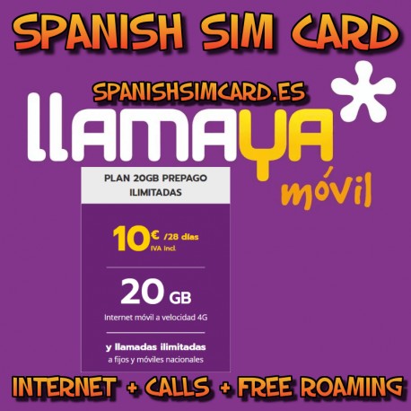 LLAMAYA SPAIN PREPAID SIM CARD PLAN 20GB + UNLIMITED NATIONAL CALLS (ORANGE)