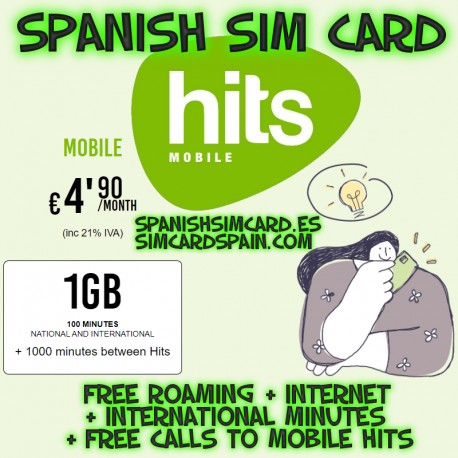 HITS MOBILE TARJETA SIM PREPAGO ESPAÑOLA 1GB + 100' INTERNACIONALES + 1000' A HITS