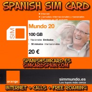 ORANGE ESPAÑA MUNDO 20 TARJETA SIM ESPAÑOLA PREPAGO 95 GB INTERNET 50 MINUTOS INTERNACIONAL (ROAMING GRATIS)