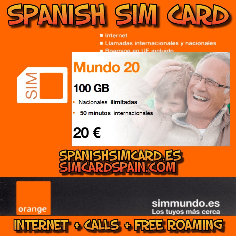 ORANGE ESPAÑA MUNDO 20 TARJETA SIM ESPAÑOLA PREPAGO 100 GB INTERNET 50  MINUTOS INTERNACIONAL (ROAMING GRATIS) 
