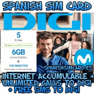DIGI MOBIL SPAIN COMBO 5 SPANISH PREPAID SIM CARD 6GB + 100' + FREE DIGI CALLS AND SMS