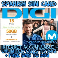 DIGI MOBIL ESPAÑA COMBO 15 TARJETA SIM PREPAGO ESPAÑOLA 50GB + 800' + LLAMDAS Y SMS GRATIS DIGI