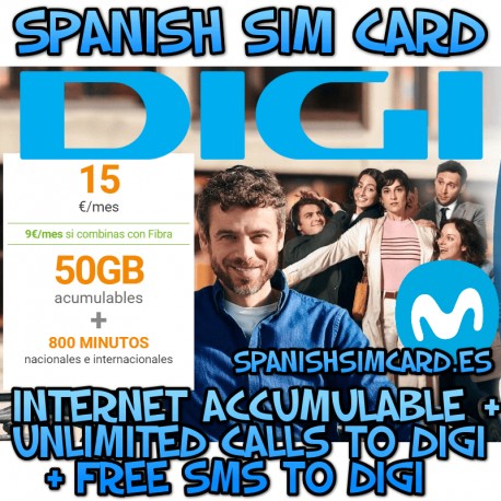 DIGI MOBIL ESPANHA COMBO 15 ESPANHOL SIM CARD PRÉ-PAGO 50GB + 800' + CHAMADAS E SMS DIGI GRÁTIS