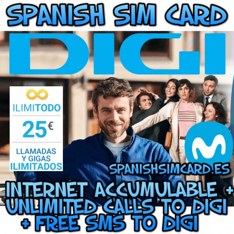 DIGI MOBIL SPAIN UNLIMITED SPANISH PREPAID SIM CARD GB + UNLIMITED CALLS AND 1000 FREE SMS DIGI