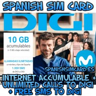DIGI MOBIL SPAIN UNLIMITED 7 SPANISH PREPAID SIM CARD 10GB + UNLIMITED CALLS to Spain (MOVISTAR)