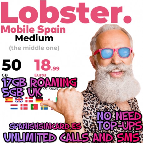 LOBSTER MOBILE ESPAÑA "MEDIANA" TARJETA SIM ESPAÑOLA 40GB Llamadas y SMS ilimitados (MOVISTAR)